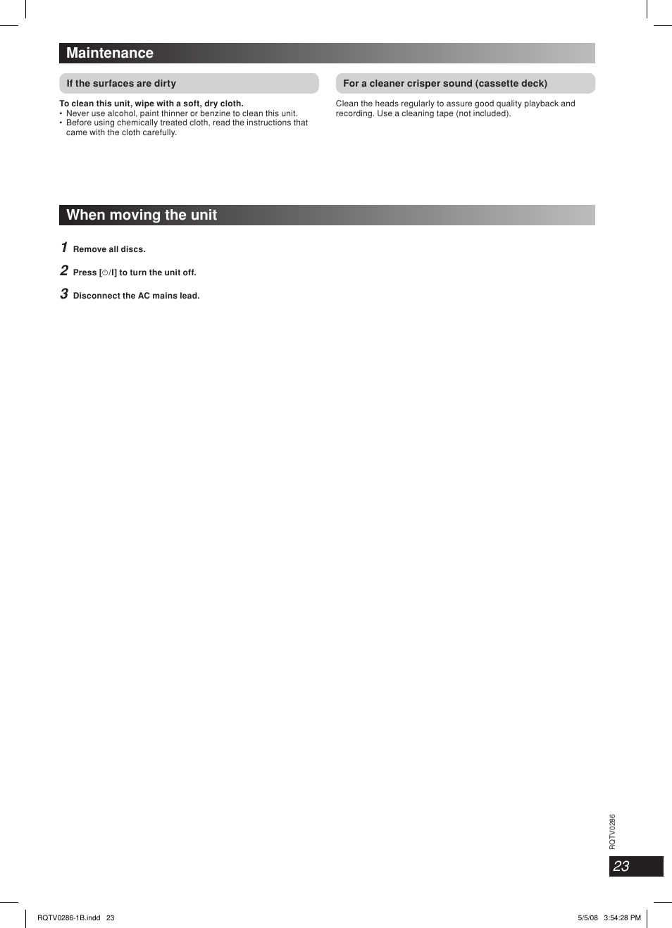 23 maintenance, When moving the unit 1 | Panasonic SB-WAK770 User Manual | Page 23 / 24