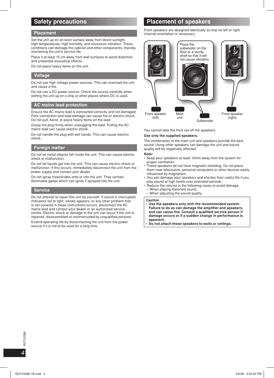 4placement of speakers, Safety precautions | Panasonic SB-WAK770 User Manual | Page 4 / 24