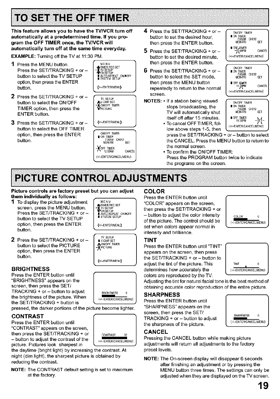 To set the off timer, Picture gontr0o a0austm, Buttm | Örf/tlmö, Ivicture, Igmmss 0, Brightness, Contrast, Color, Tint | Panasonic PV C923 User Manual | Page 19 / 40