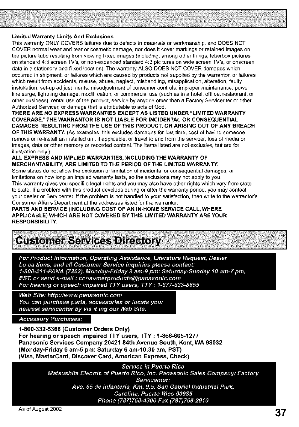 Customer services directory | Panasonic PV C923 User Manual | Page 37 / 40