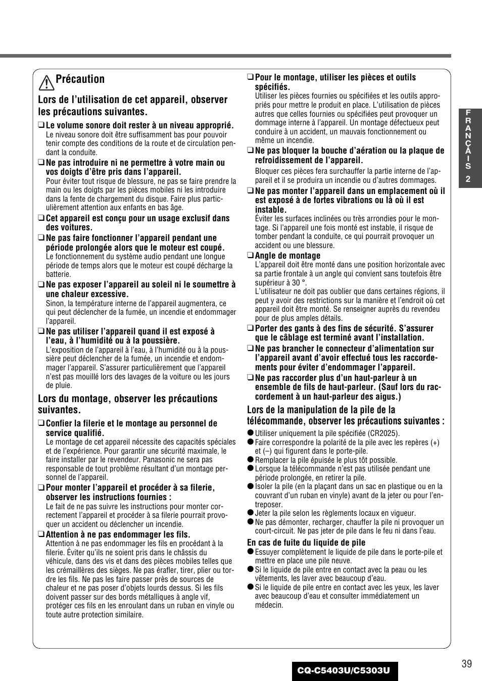Précaution | Panasonic CQ-C5403U User Manual | Page 39 / 108