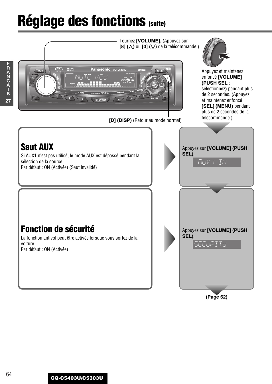 Réglage des fonctions, Saut aux, Fonction de sécurité | Suite) | Panasonic CQ-C5403U User Manual | Page 64 / 108