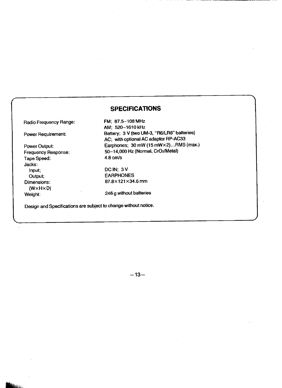 Specifications | Panasonic RQV162 User Manual | Page 13 / 13