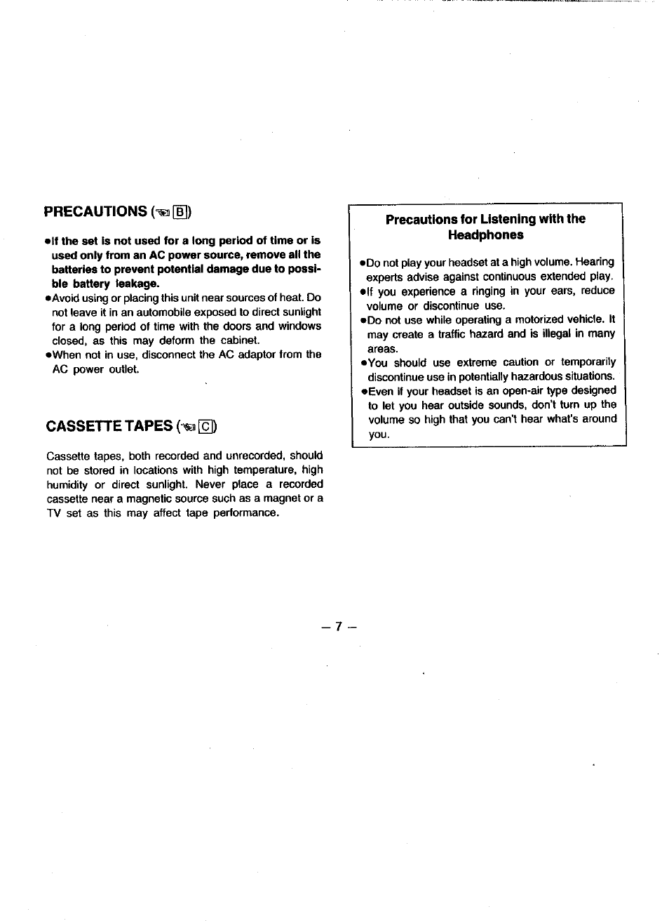 Precautions, Cassette tapes 0) | Panasonic RQV162 User Manual | Page 7 / 13