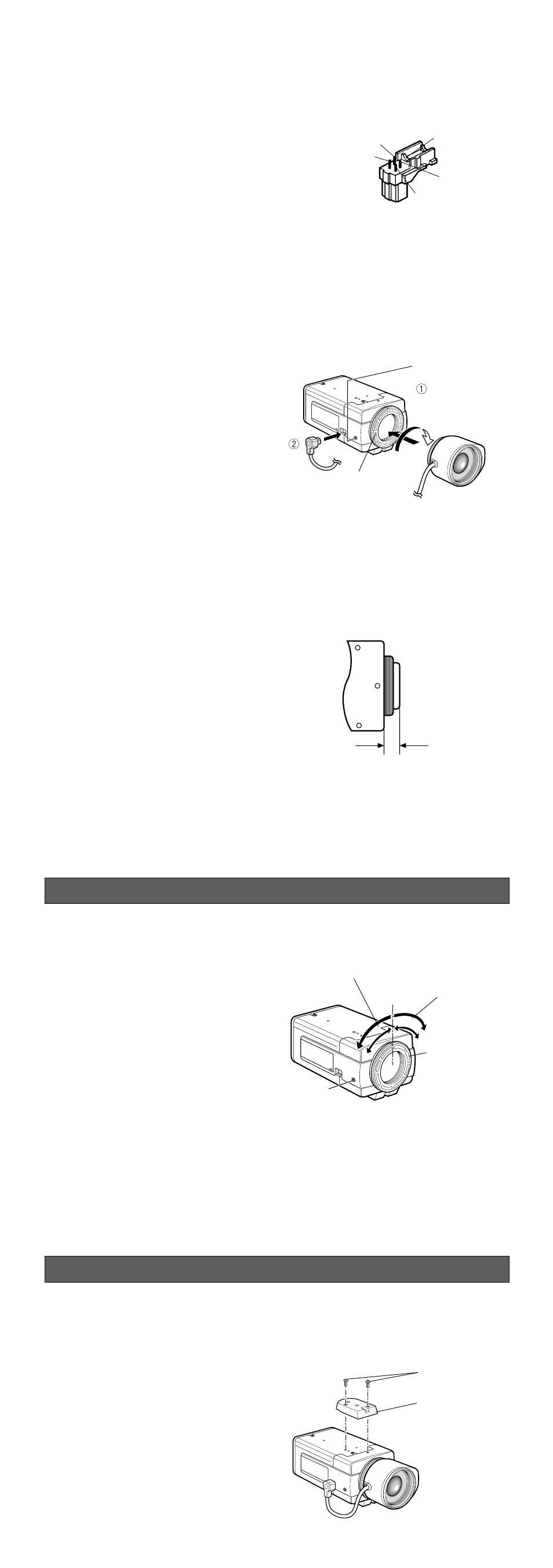 Focus or flange-back adjustment, Installation of camera, Mounting the lens | Caution for mounting the lens, Installation of auto iris lens connector | Panasonic WV-CP464 User Manual | Page 4 / 11