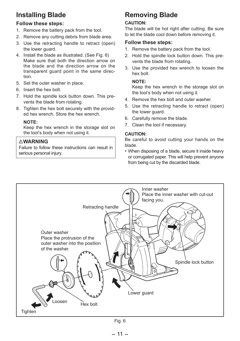 Installing blade, Removing blade | Panasonic EY4542 User Manual | Page 11 / 63