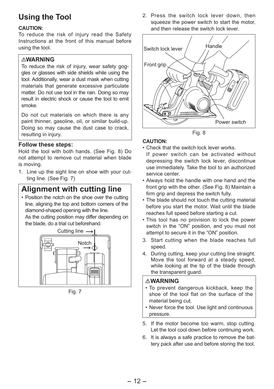 Using the tool, Alignment with cutting line | Panasonic EY4542 User Manual | Page 12 / 63