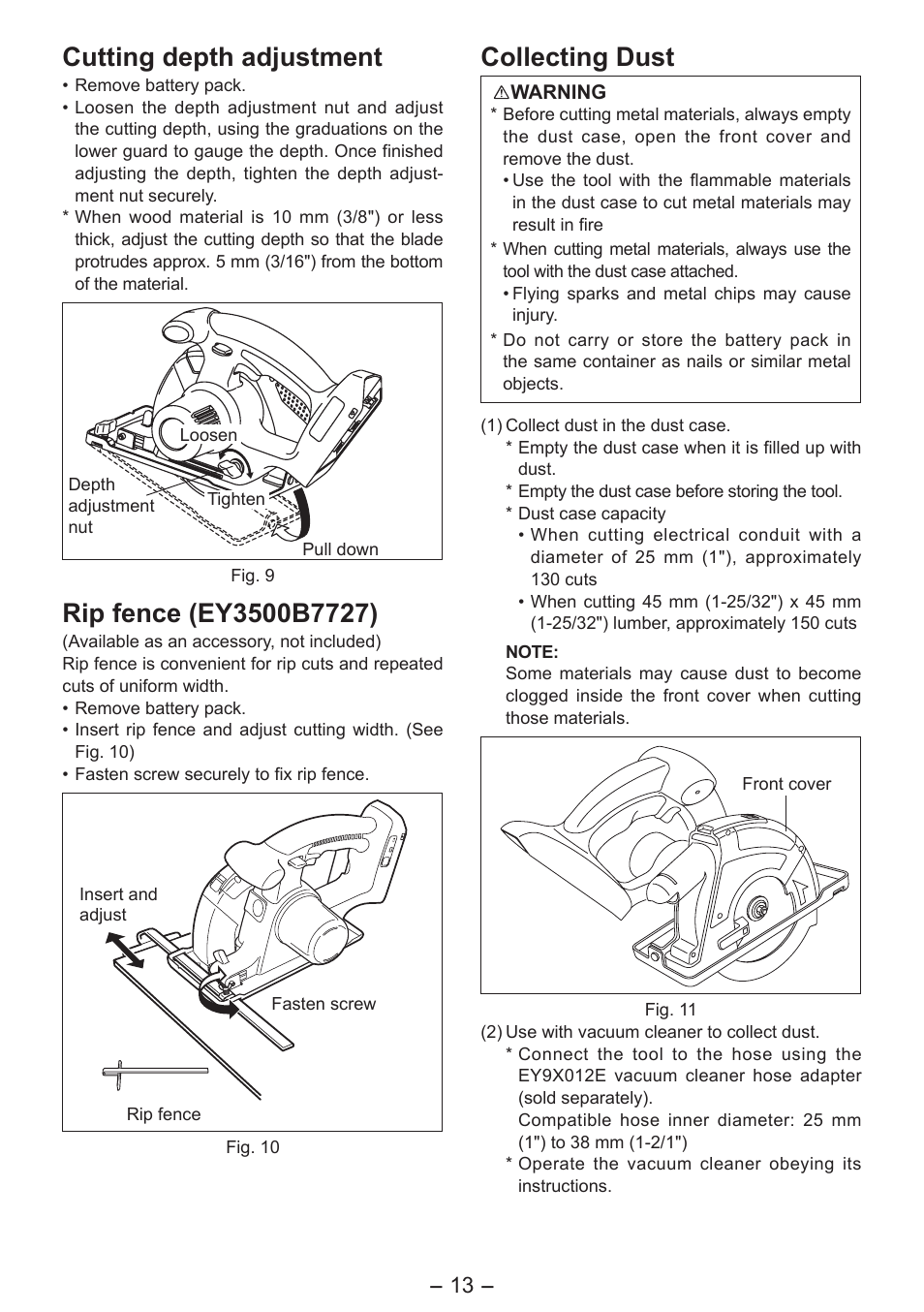 Cutting depth adjustment, Collecting dust | Panasonic EY4542 User Manual | Page 13 / 63