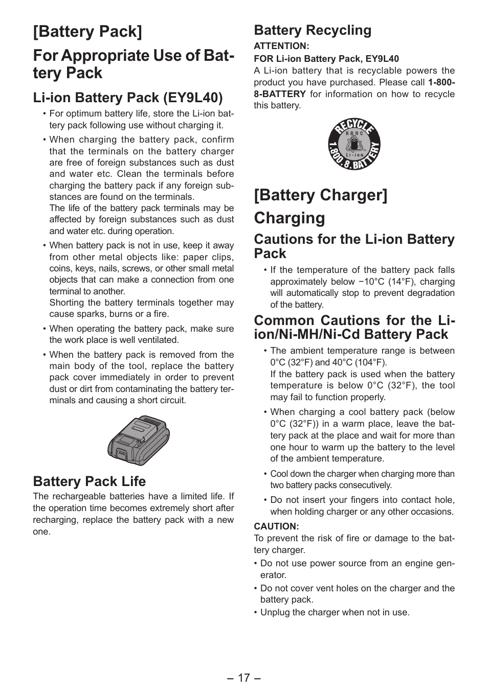 Battery charger] charging, Li-ion battery pack (ey9l40), Battery pack life | Battery recycling, Cautions for the li-ion battery pack | Panasonic EY4542 User Manual | Page 17 / 63