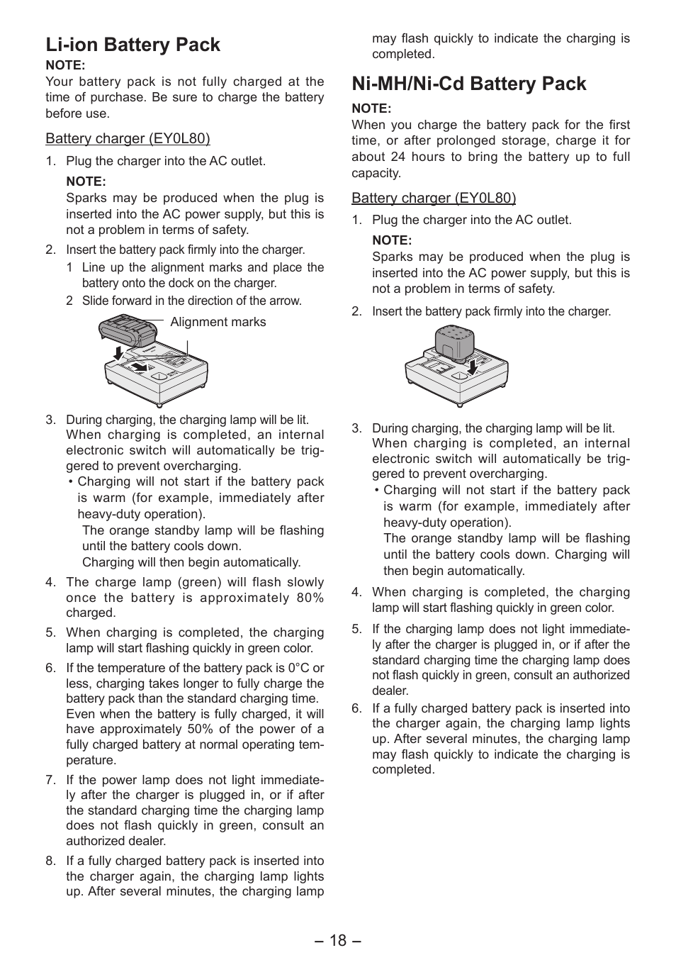 Li-ion battery pack, Ni-mh/ni-cd battery pack | Panasonic EY4542 User Manual | Page 18 / 63
