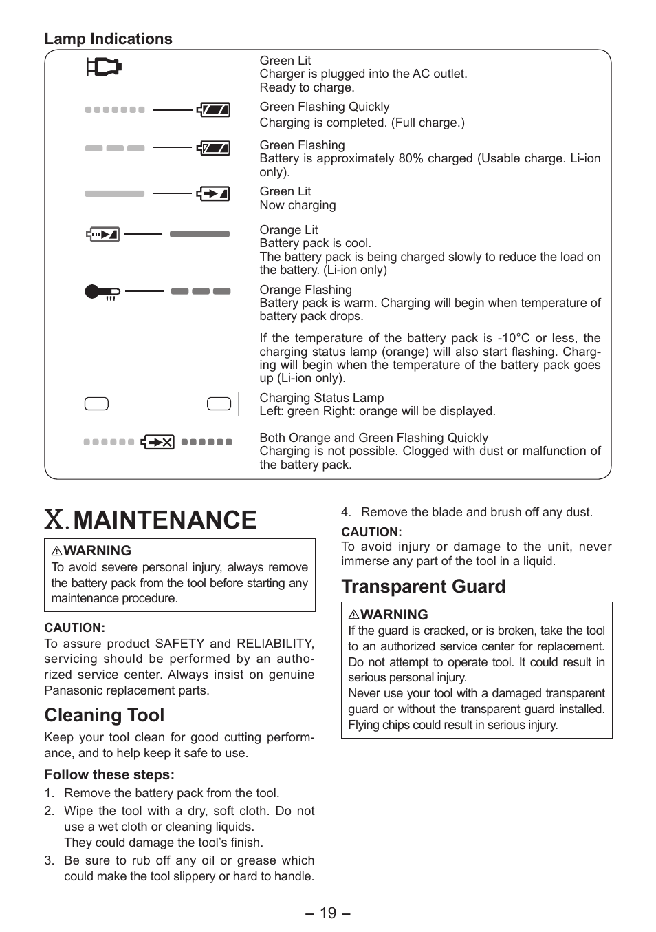 Maintenance, Cleaning tool, Transparent guard | Panasonic EY4542 User Manual | Page 19 / 63