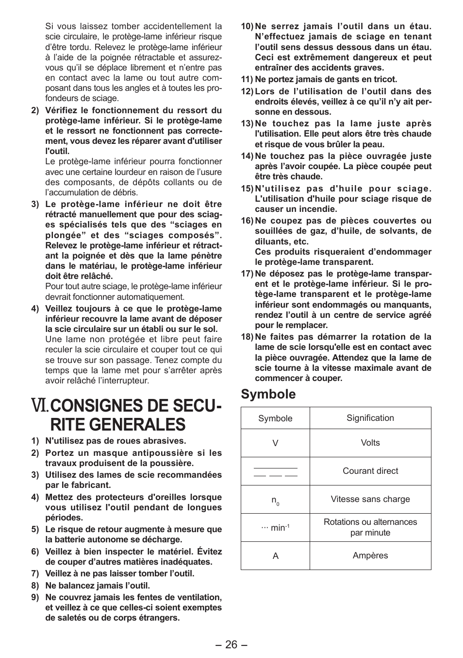 Consignes de secu- rite generales, Symbole | Panasonic EY4542 User Manual | Page 26 / 63