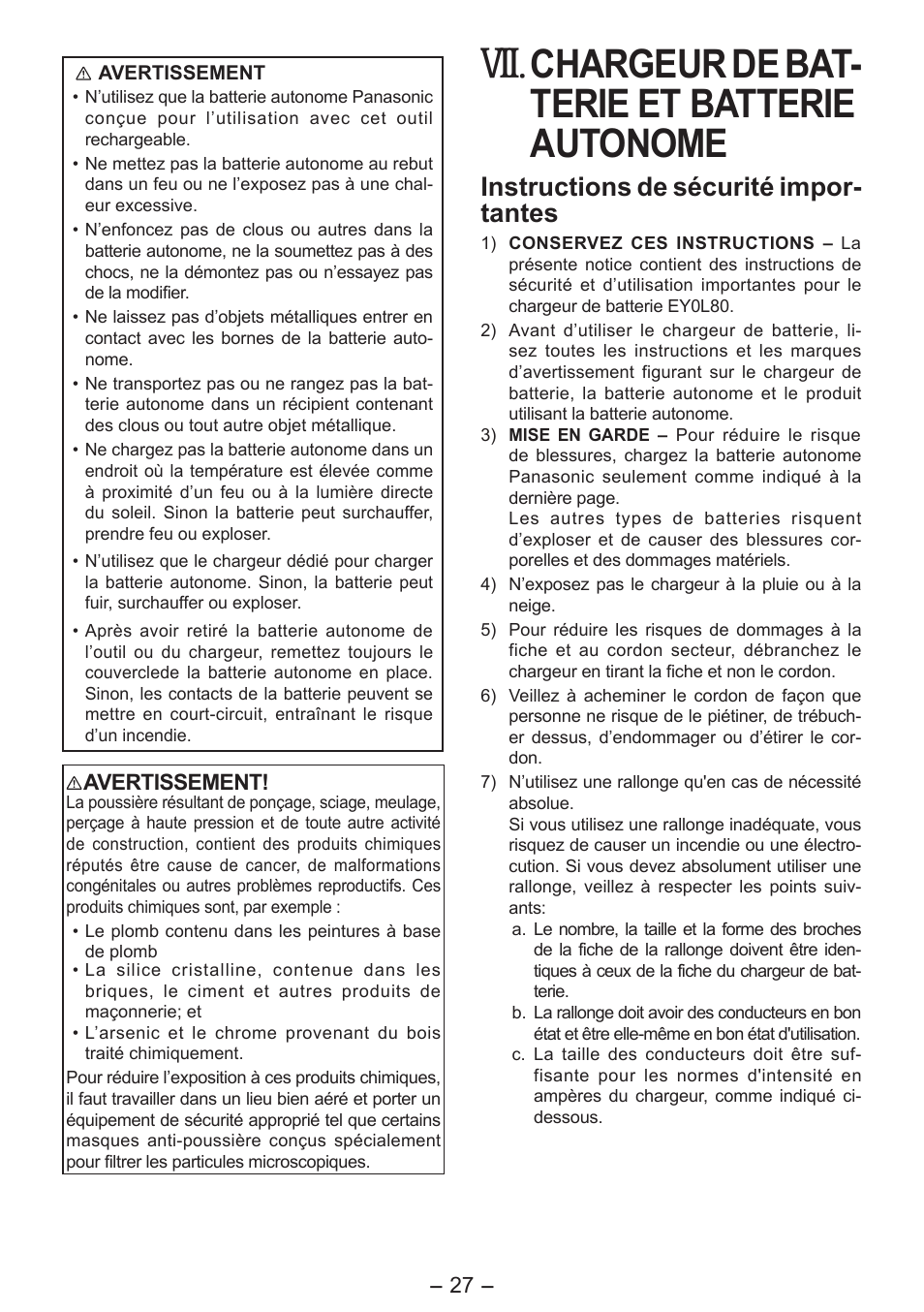 Chargeur de bat- terie et batterie autonome, Instructions de sécurité impor- tantes | Panasonic EY4542 User Manual | Page 27 / 63