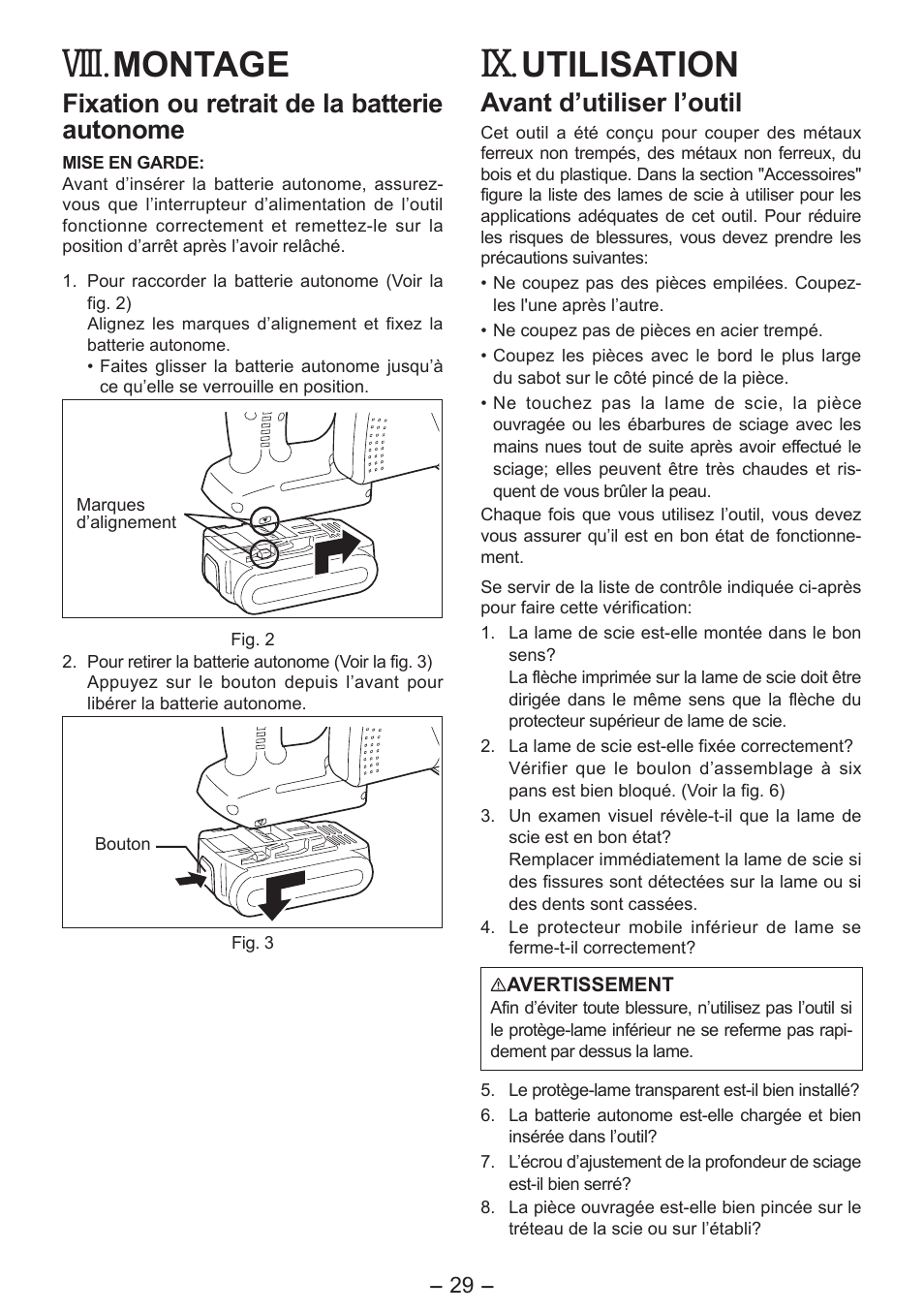 Viii, Montage, Utilisation | Fixation ou retrait de la batterie autonome, Avant d’utiliser l’outil | Panasonic EY4542 User Manual | Page 29 / 63