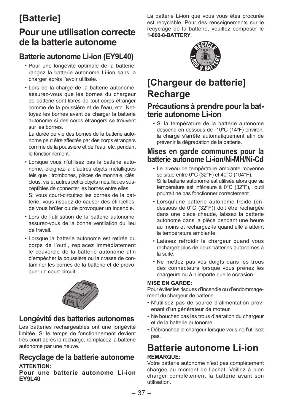 Chargeur de batterie] recharge, Batterie autonome li-ion, Batterie autonome li-ion (ey9l40) | Longévité des batteries autonomes, Recyclage de la batterie autonome | Panasonic EY4542 User Manual | Page 37 / 63