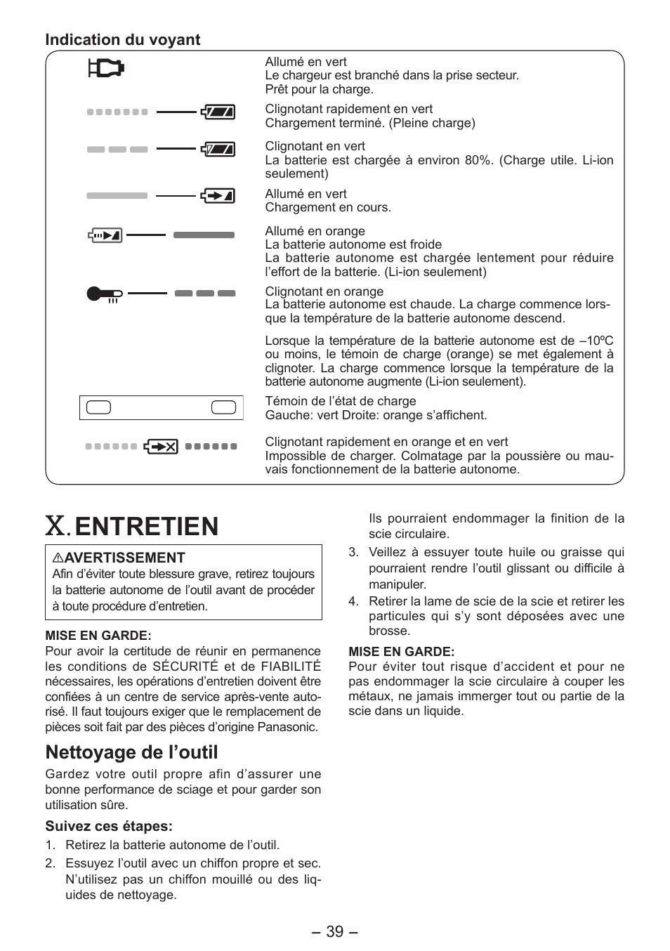 Entretien, Nettoyage de l’outil | Panasonic EY4542 User Manual | Page 39 / 63
