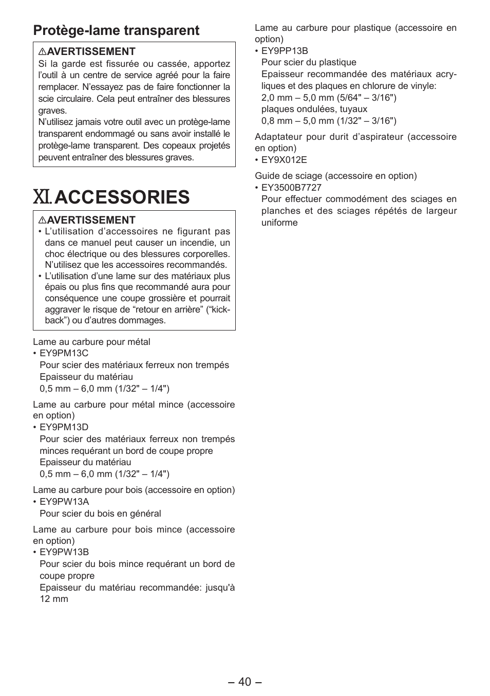 Accessories, Protège-lame transparent | Panasonic EY4542 User Manual | Page 40 / 63