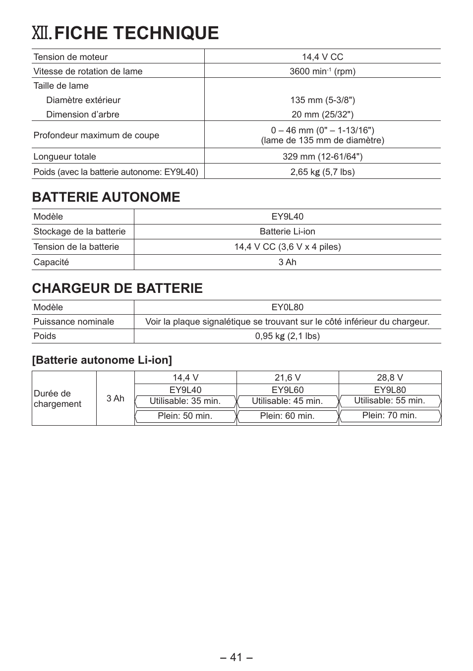 Fiche technique, Batterie autonome, Chargeur de batterie | Panasonic EY4542 User Manual | Page 41 / 63