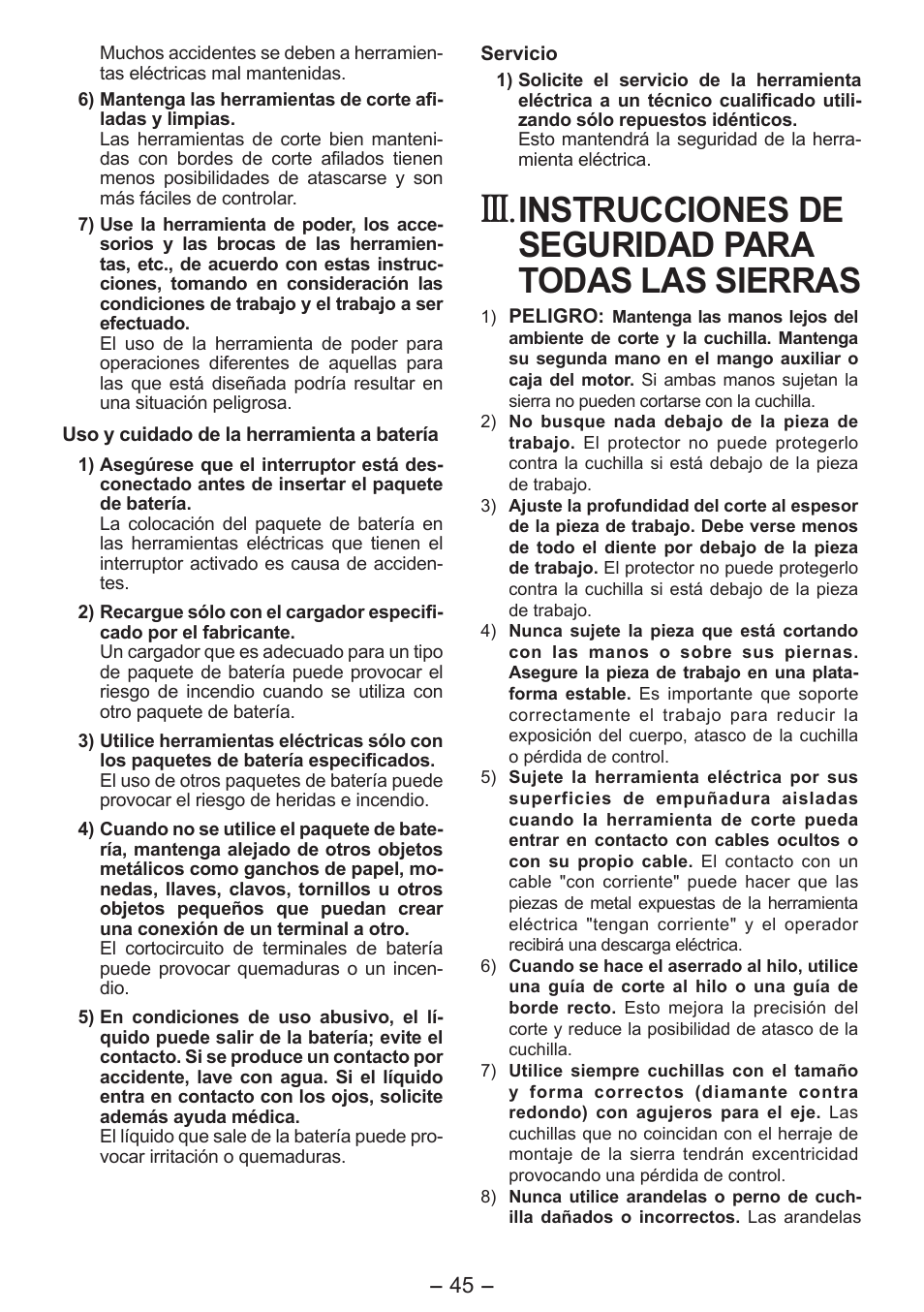 Instrucciones de seguridad para todas las sierras | Panasonic EY4542 User Manual | Page 45 / 63
