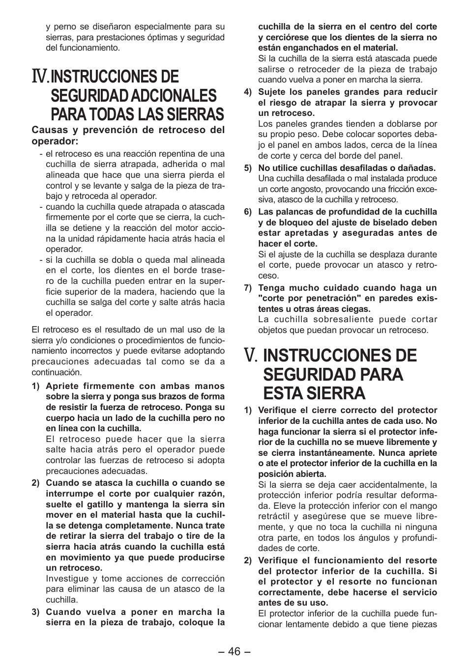 Instrucciones de seguridad para esta sierra | Panasonic EY4542 User Manual | Page 46 / 63