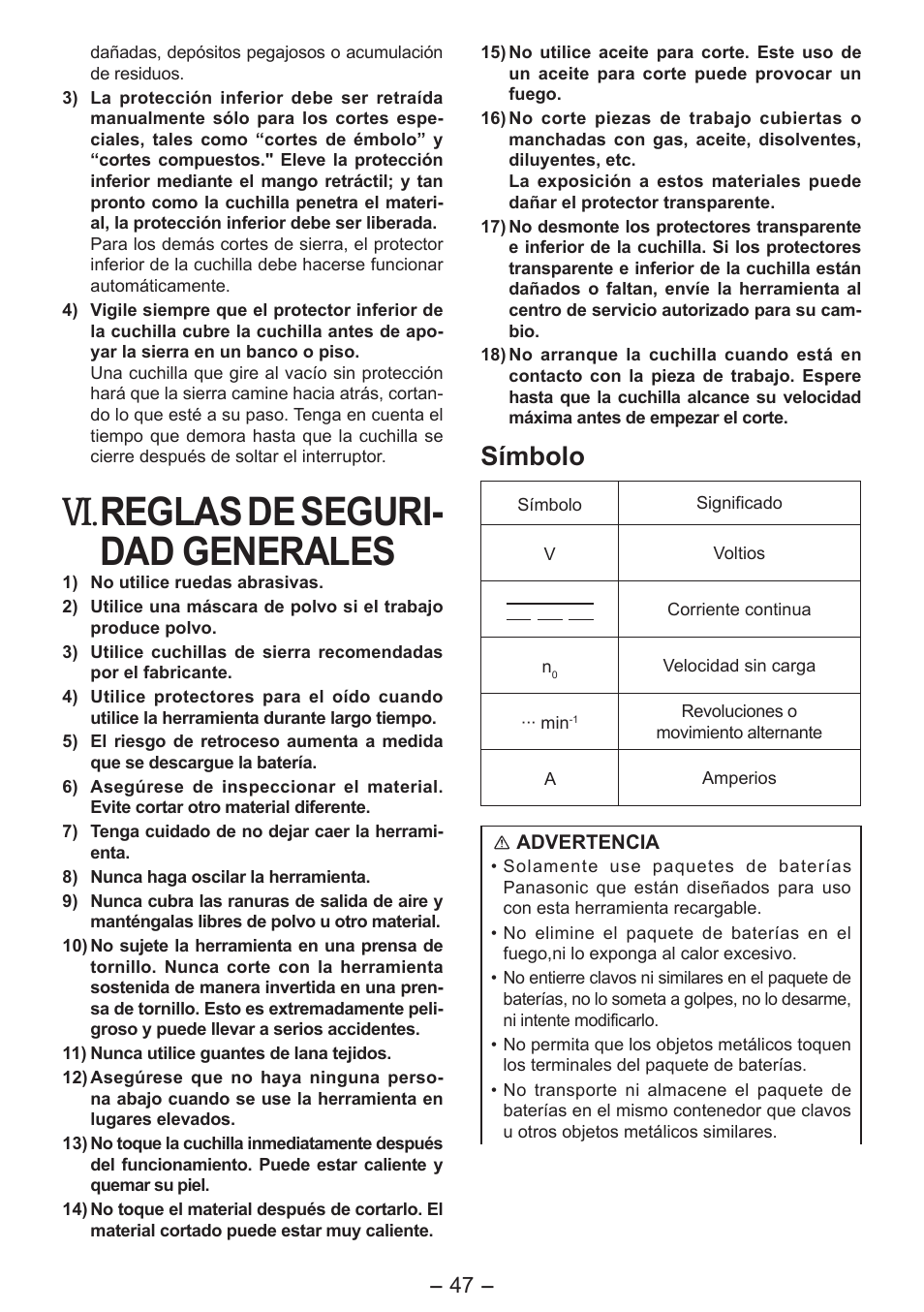 Reglas de seguri- dad generales, Símbolo | Panasonic EY4542 User Manual | Page 47 / 63