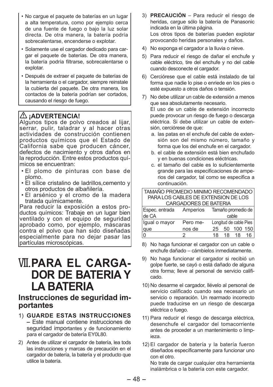 Para el carga- dor de bateria y la bateria, Instrucciones de seguridad im- portantes | Panasonic EY4542 User Manual | Page 48 / 63
