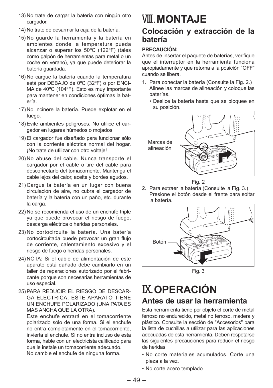 Viii, Montaje, Operación | Colocación y extracción de la batería, Antes de usar la herramienta | Panasonic EY4542 User Manual | Page 49 / 63