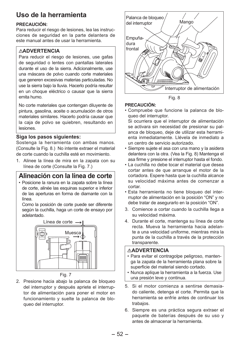 Uso de la herramienta, Alineación con la línea de corte | Panasonic EY4542 User Manual | Page 52 / 63