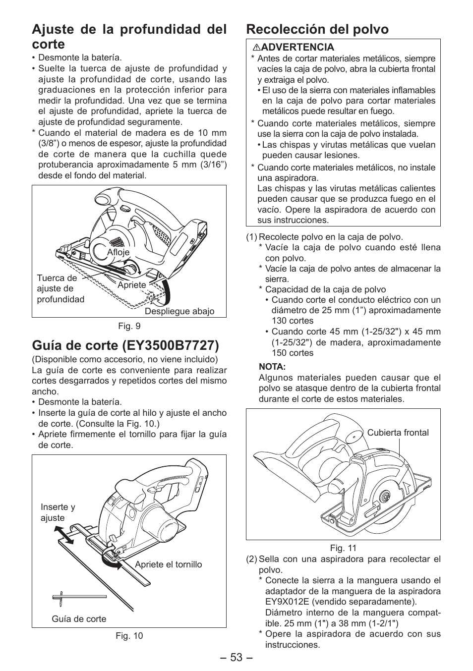 Ajuste de la profundidad del corte, Recolección del polvo | Panasonic EY4542 User Manual | Page 53 / 63