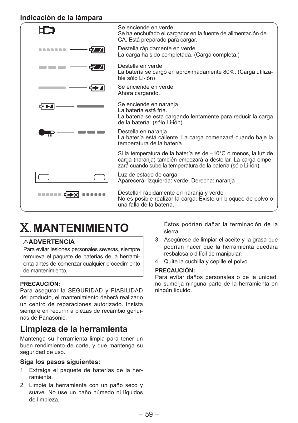 Mantenimiento, Limpieza de la herramienta | Panasonic EY4542 User Manual | Page 59 / 63