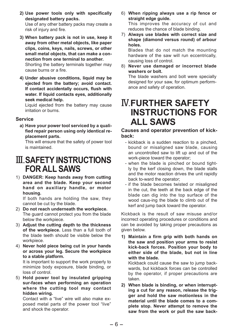 Safety instructions for all saws, Further safety instructions for all saws | Panasonic EY4542 User Manual | Page 6 / 63