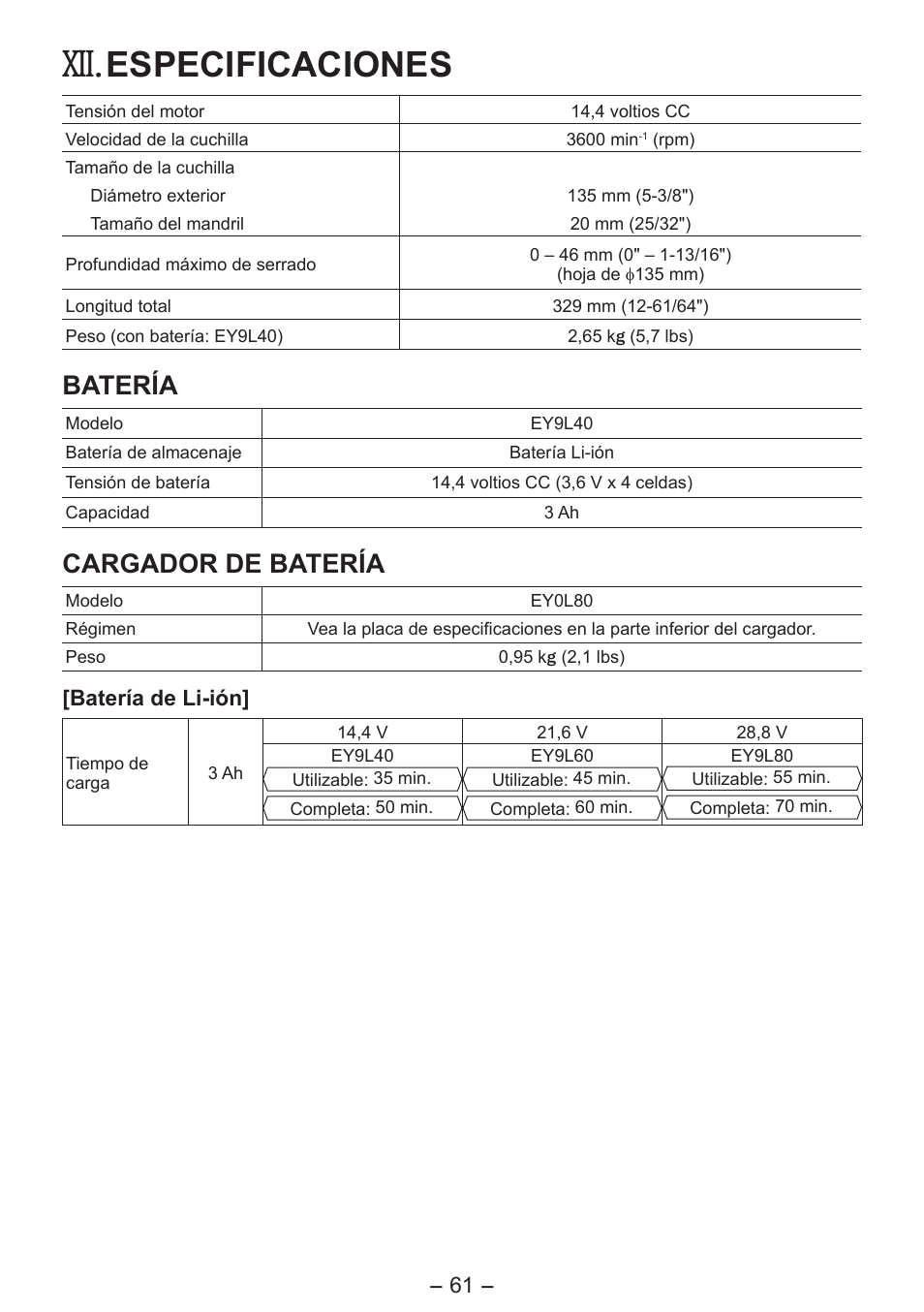 Especificaciones, Batería, Cargador de batería | Panasonic EY4542 User Manual | Page 61 / 63