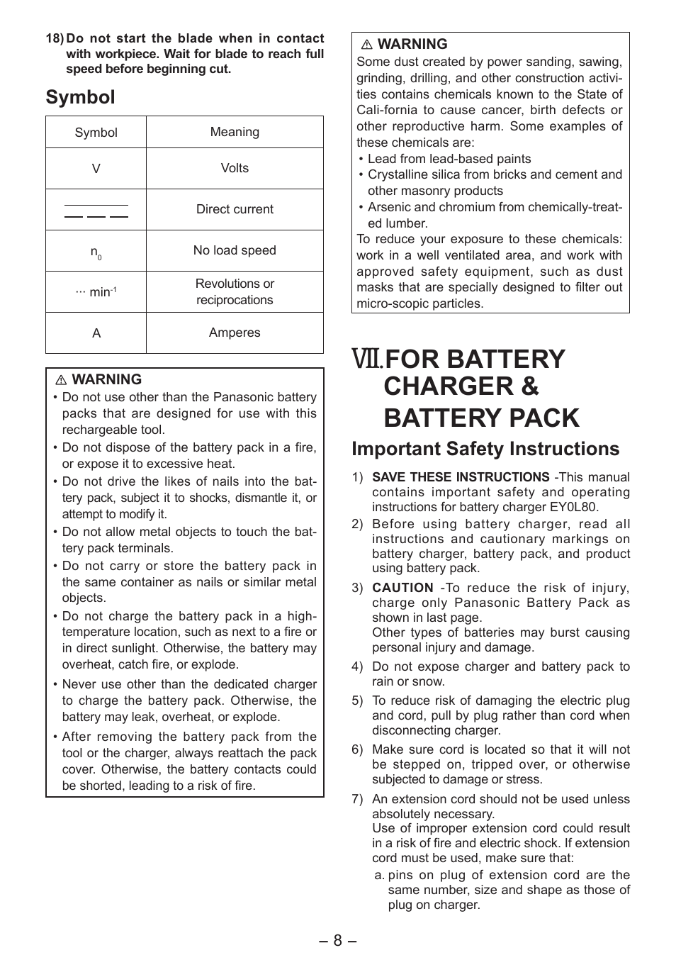 For battery charger & battery pack, Symbol, Important safety instructions | Panasonic EY4542 User Manual | Page 8 / 63