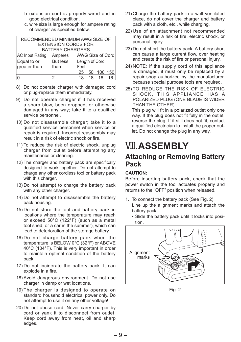 Viii, Assembly, Attaching or removing battery pack | Panasonic EY4542 User Manual | Page 9 / 63