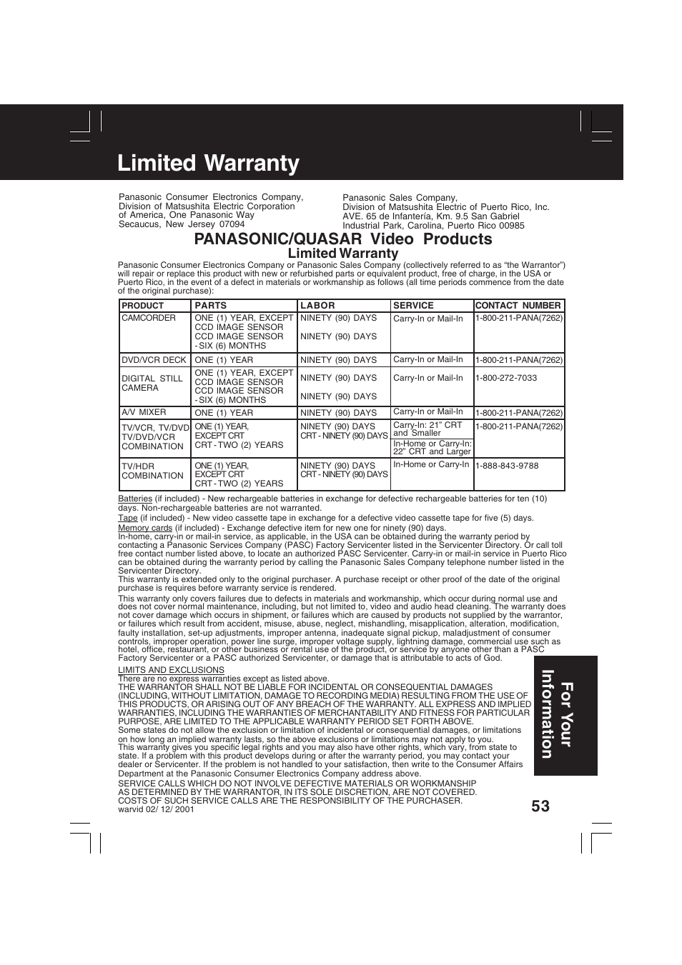 Limited warranty, Panasonic/quasar video products, For y our information | Panasonic PV-D4742 User Manual | Page 53 / 60
