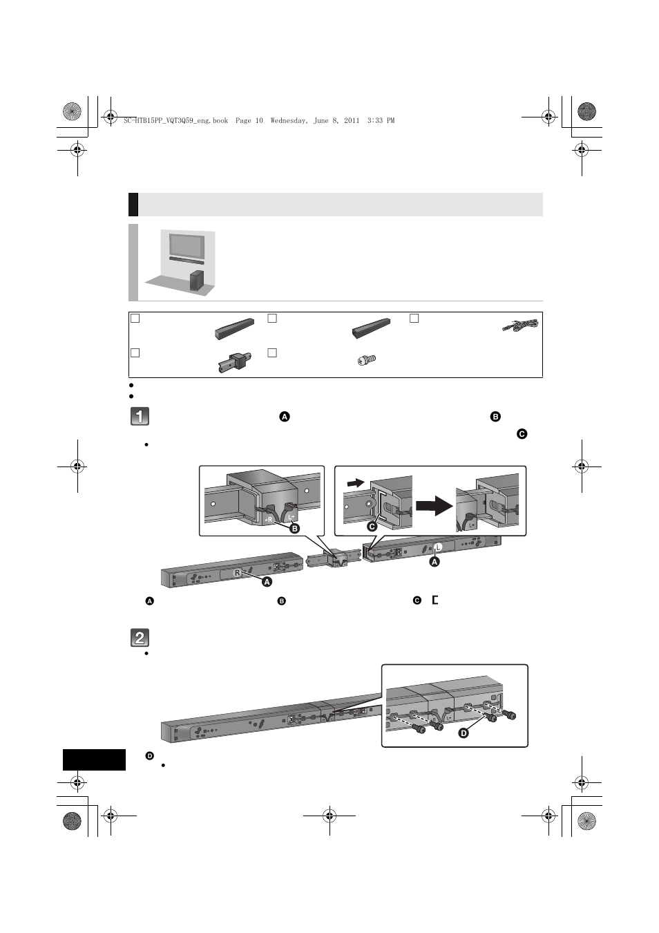 Step 2 assembling the speakers, When placing the speakers on a wall, Place the speakers horizontally | Panasonic HDMI SC-HTB15 User Manual | Page 10 / 32