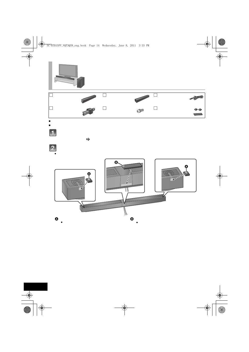 Place the speakers using the speaker feet | Panasonic HDMI SC-HTB15 User Manual | Page 14 / 32