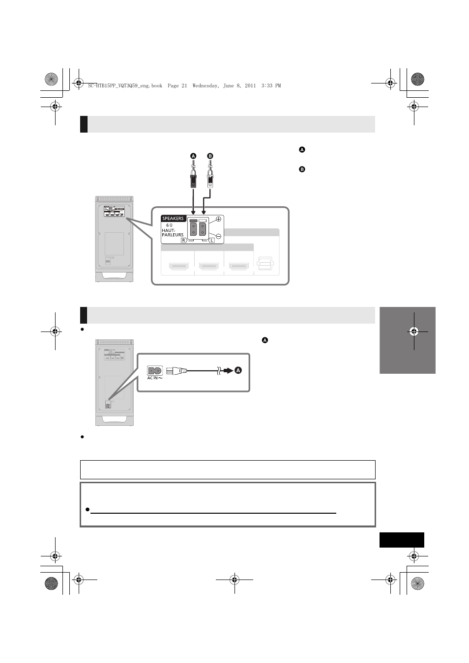 Speaker cable connection, Ac power supply cord connection, Saving energy | Panasonic HDMI SC-HTB15 User Manual | Page 21 / 32