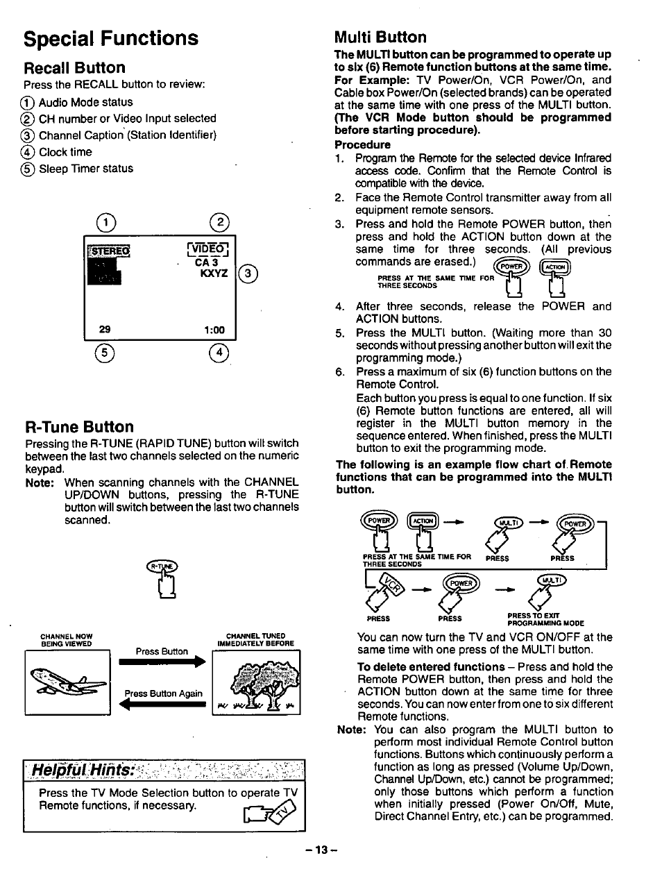 Special functions, Recall button, R-tune button | Multi button, Recall button r-tune button multi button | Panasonic CT-32G32U User Manual | Page 13 / 32