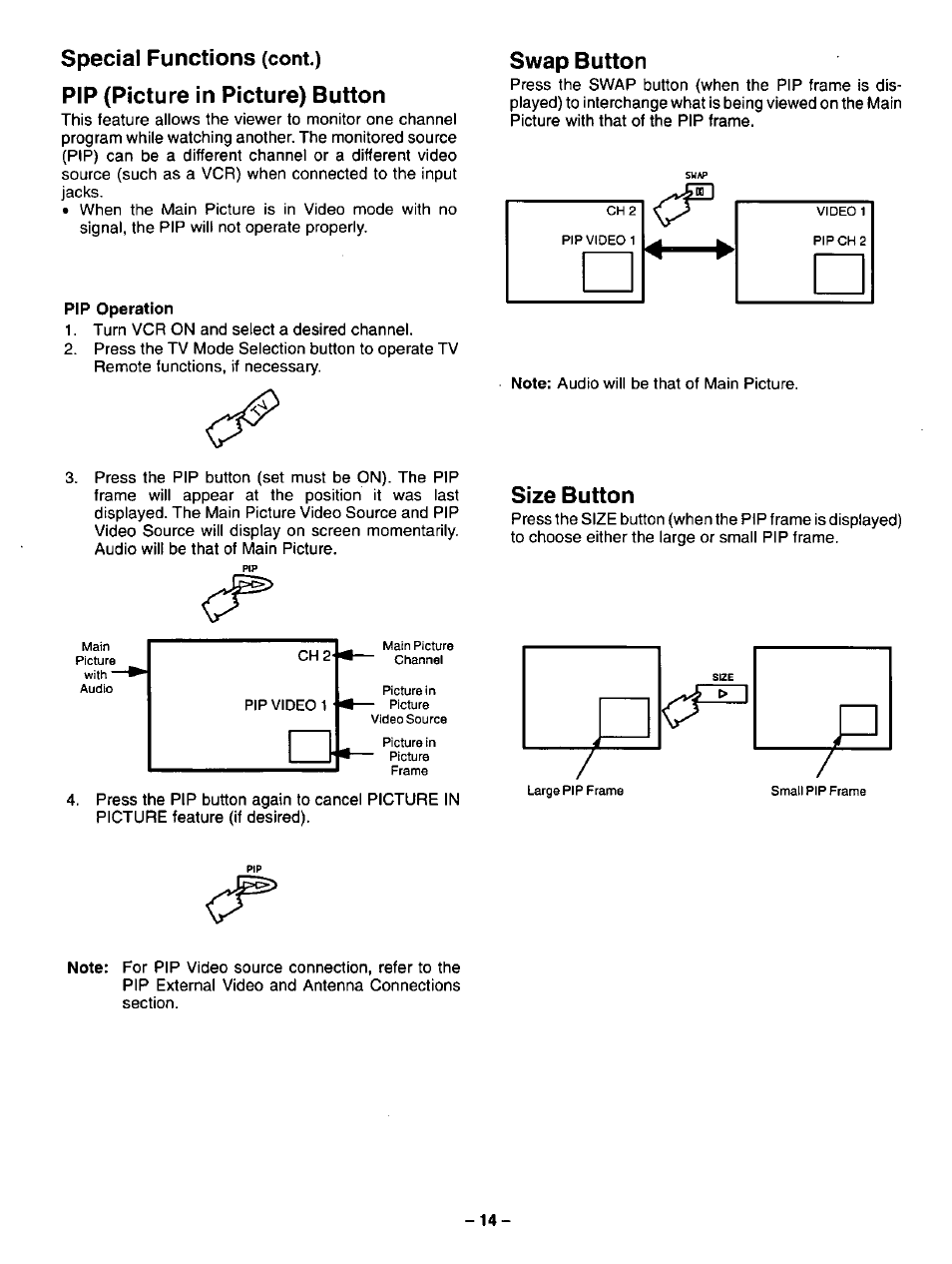 Special functions (cont.), Pip (picture in picture) button, Pip operation | Swap button, Size button, Swap button size button, Special functions | Panasonic CT-32G32U User Manual | Page 14 / 32