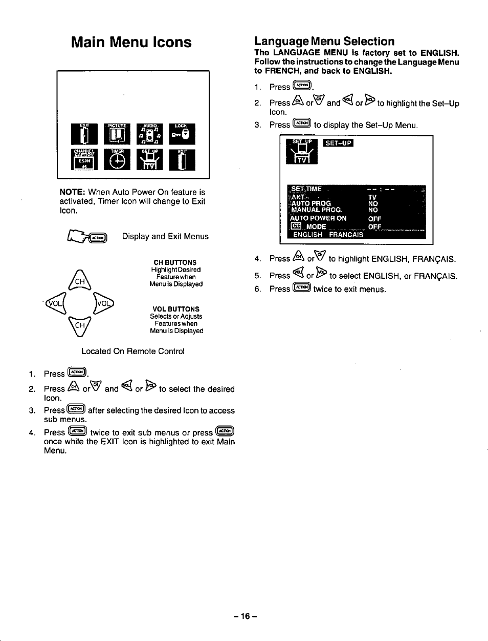 Language menu selection, Main menu icons | Panasonic CT-32G32U User Manual | Page 16 / 32