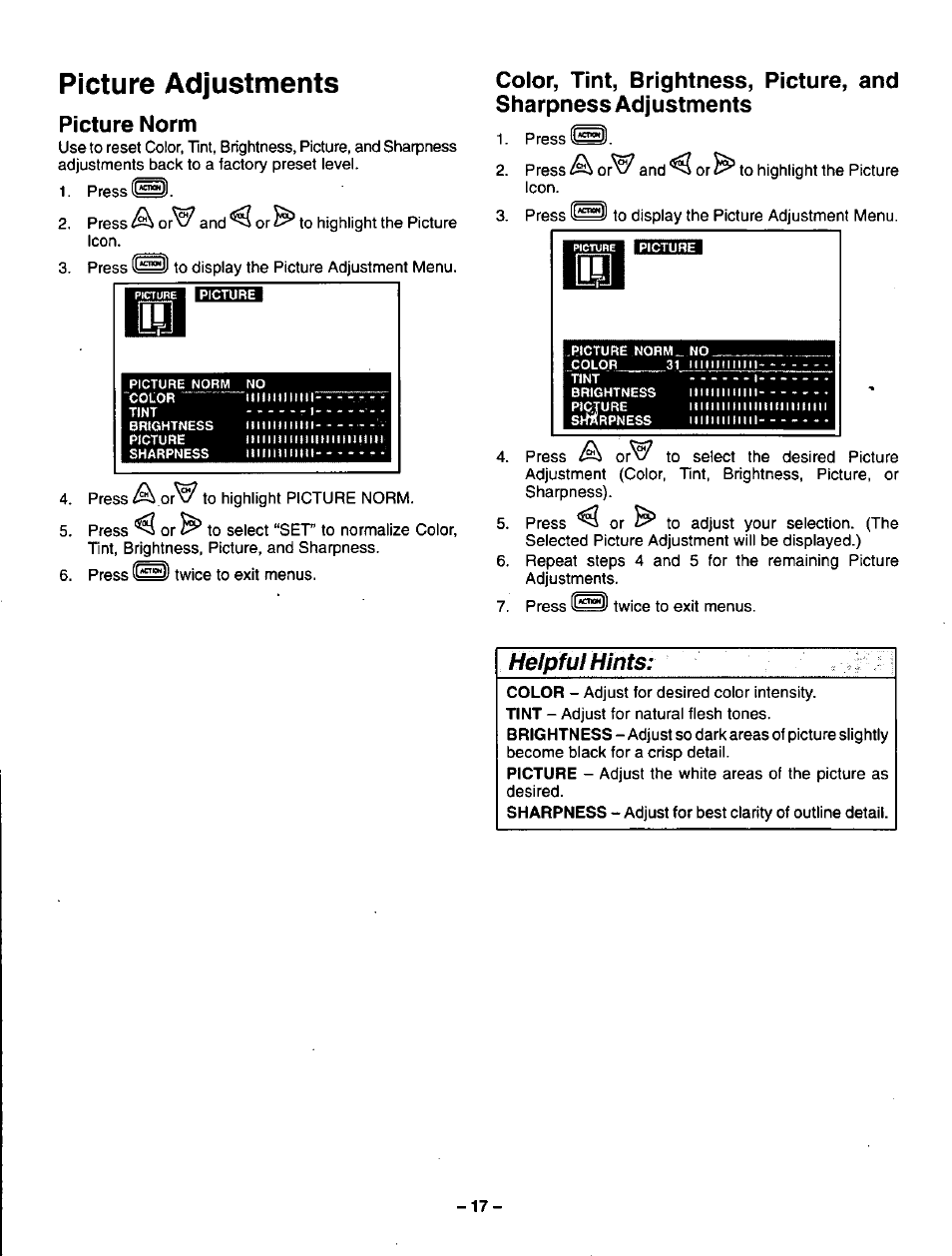 Picture adjustments, Picture norm, Helpful hints | Panasonic CT-32G32U User Manual | Page 17 / 32