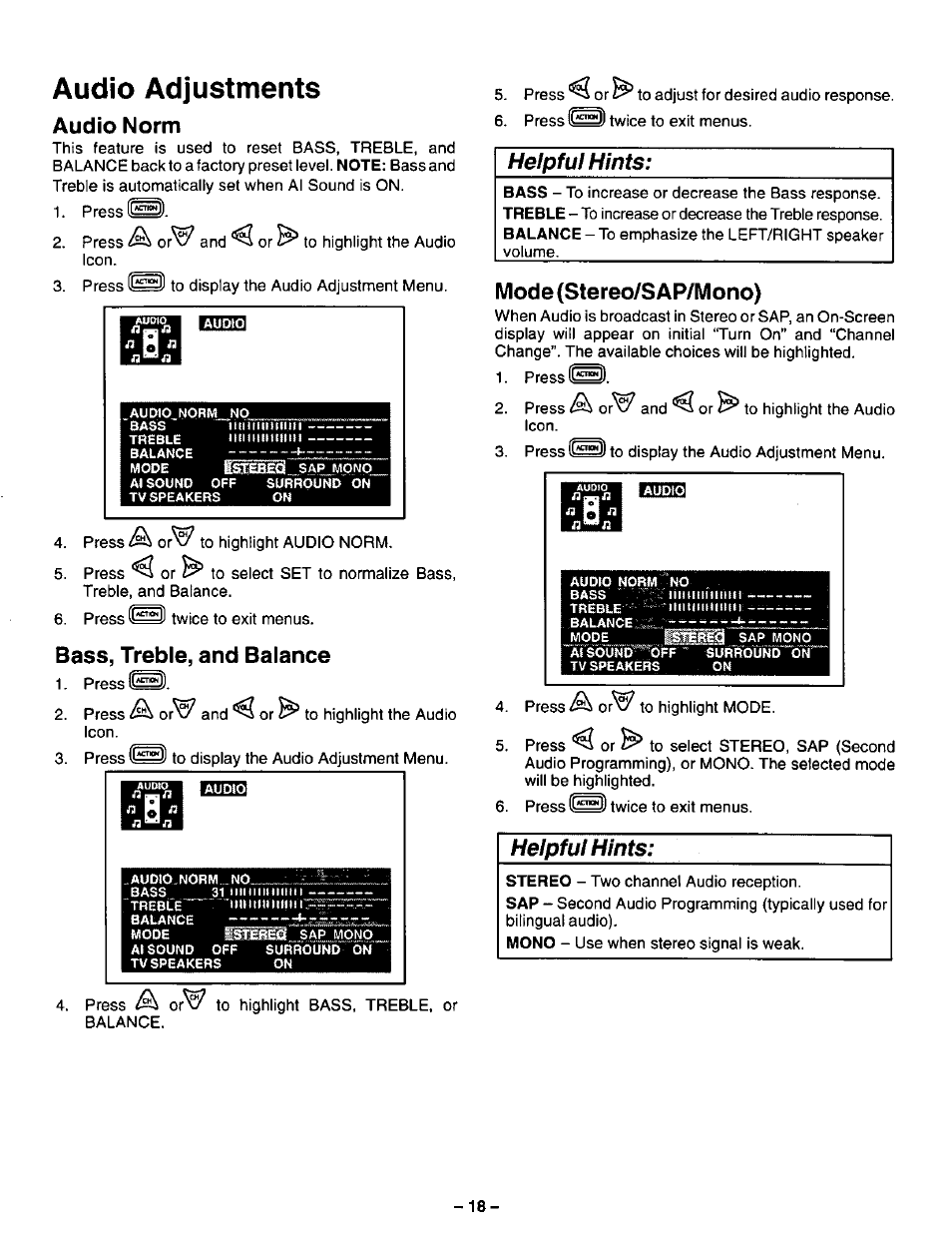 Audio adjustments, Audio norm, Bass, treble, and balance | Mode (stereo/sap/mono), Bass, treble, and balance mode (stereo/sap/mono), Helpful hints | Panasonic CT-32G32U User Manual | Page 18 / 32