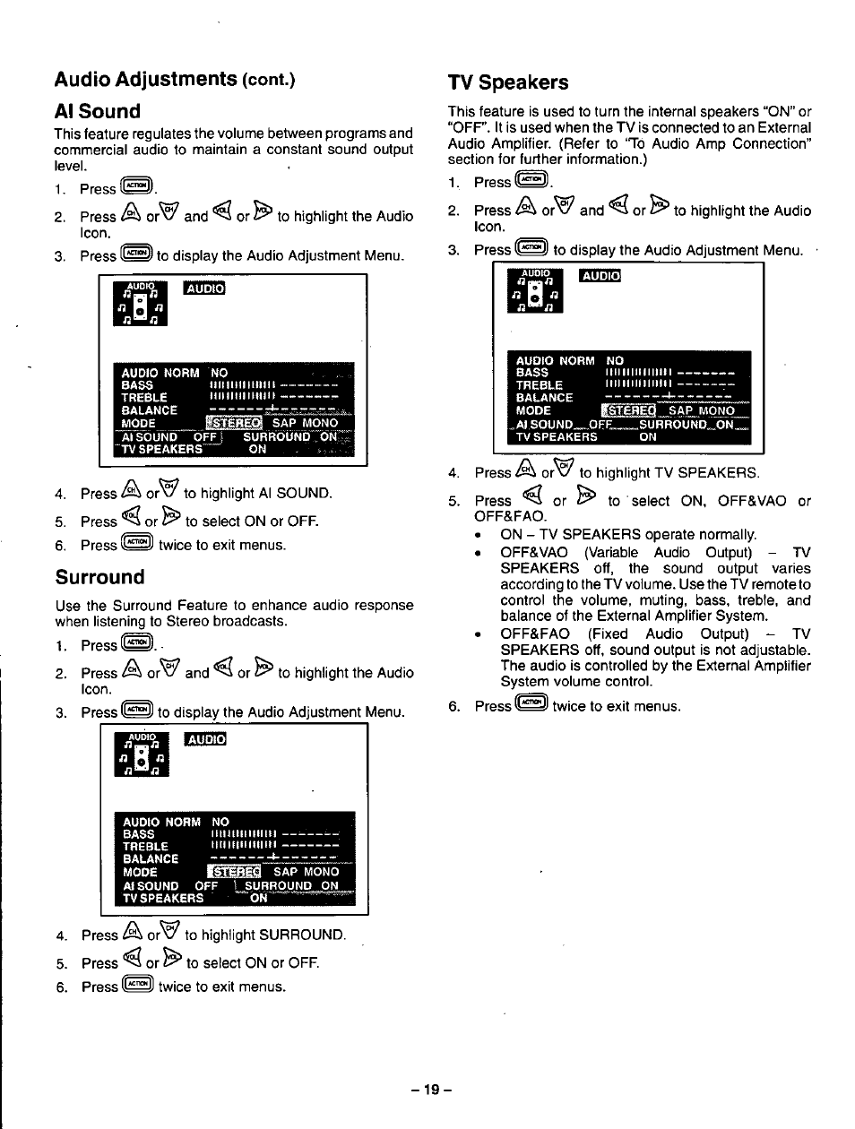Al sound, Surround, Al sound surround | Audio adjustments, Tv speakers | Panasonic CT-32G32U User Manual | Page 19 / 32