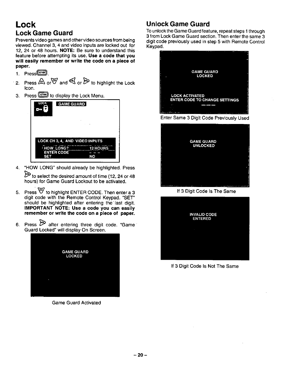 Lock, Lock game guard, Unlock game guard | Lock game guard unlock game guard | Panasonic CT-32G32U User Manual | Page 20 / 32