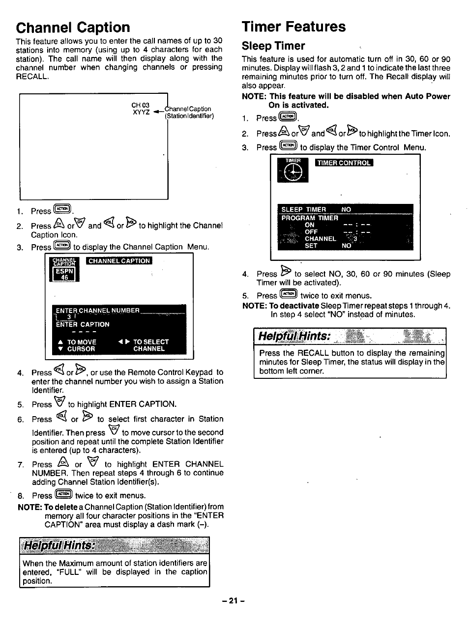 Channel caption, Timer features, Sleep timer | Help№ints | Panasonic CT-32G32U User Manual | Page 21 / 32