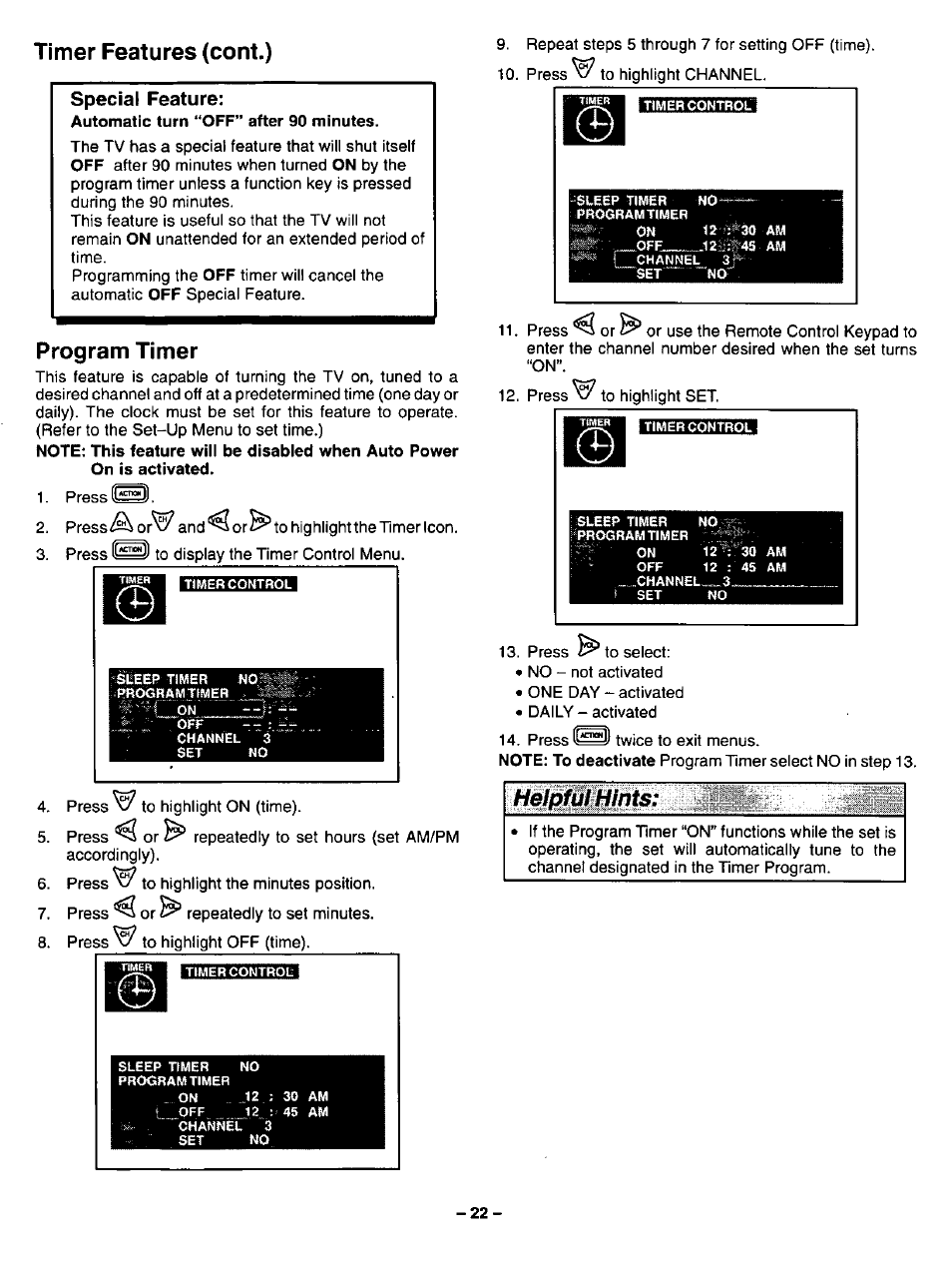 Special feature, Program timer, Timer features (cont.) | Panasonic CT-32G32U User Manual | Page 22 / 32