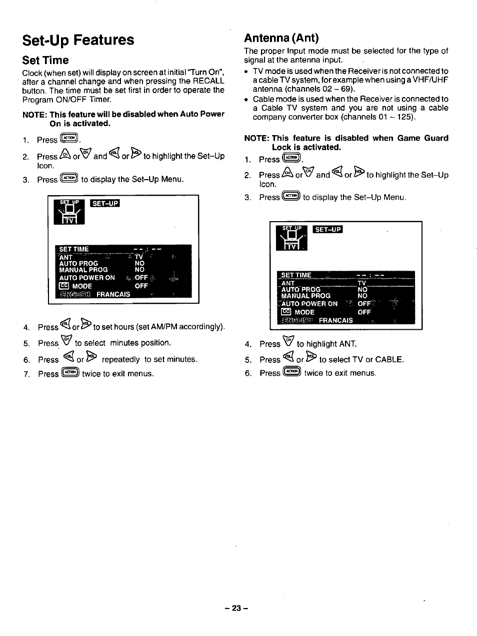 Set-up features, Set time, Antenna (ant) | Panasonic CT-32G32U User Manual | Page 23 / 32