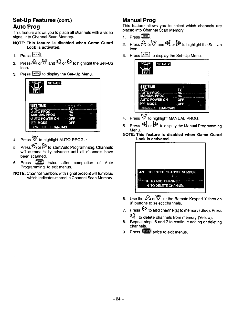 Auto prog, Manual prog, Set-up features | Panasonic CT-32G32U User Manual | Page 24 / 32
