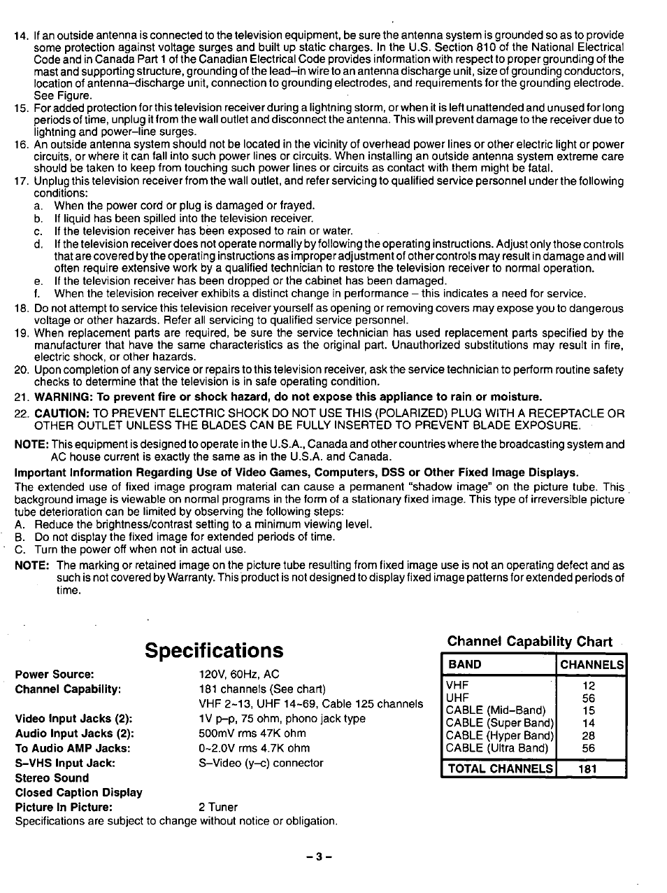 Specifications, Channel capability chart, Power source | Video input jacks (2) | Panasonic CT-32G32U User Manual | Page 3 / 32